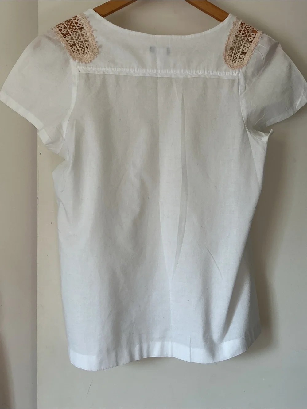 J.Crew White Cotton Blend Pintuck Top with Lace Shoulder Detail